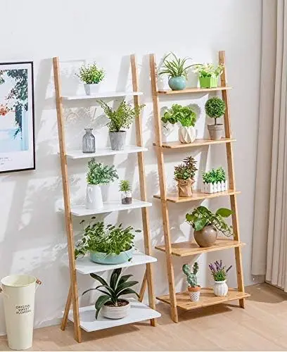 5-Tier Bamboo Ladder Shelf - Leaning Wall Design - Multi-Purpose Storage for Indoor/Outdoor - White Finish - Space-Saving Displa 2