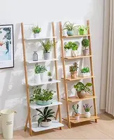 5-Tier Bamboo Ladder Shelf - Leaning Wall Design - Multi-Purpose Storage for Indoor/Outdoor - White Finish - Space-Saving Displa 2