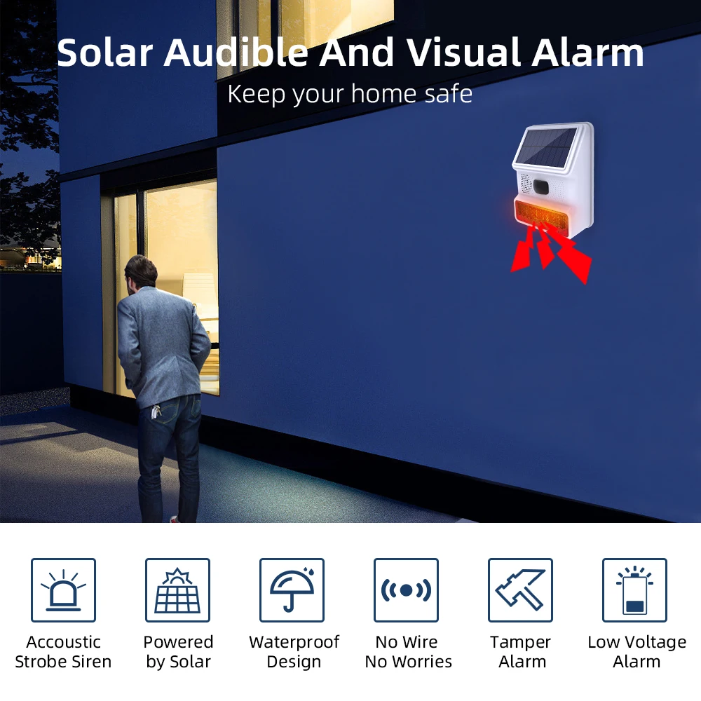 PGST-luz estroboscópica inalámbrica para exteriores, sistema de alarma de seguridad para el hogar, sirena Solar impermeable, antirrobo, Wifi, GSM, 433MHz, novedad