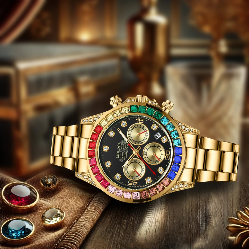 Il PACOSHOP24.COM Nuovo orologio da uomo è un lussuoso orologio business al quarzo dal design unico, con luce notturna, cinturino in acciaio e quadrante elegante, presentato in pelle marrone con eleganti accenti dorati e gioiello sullo sfondo.