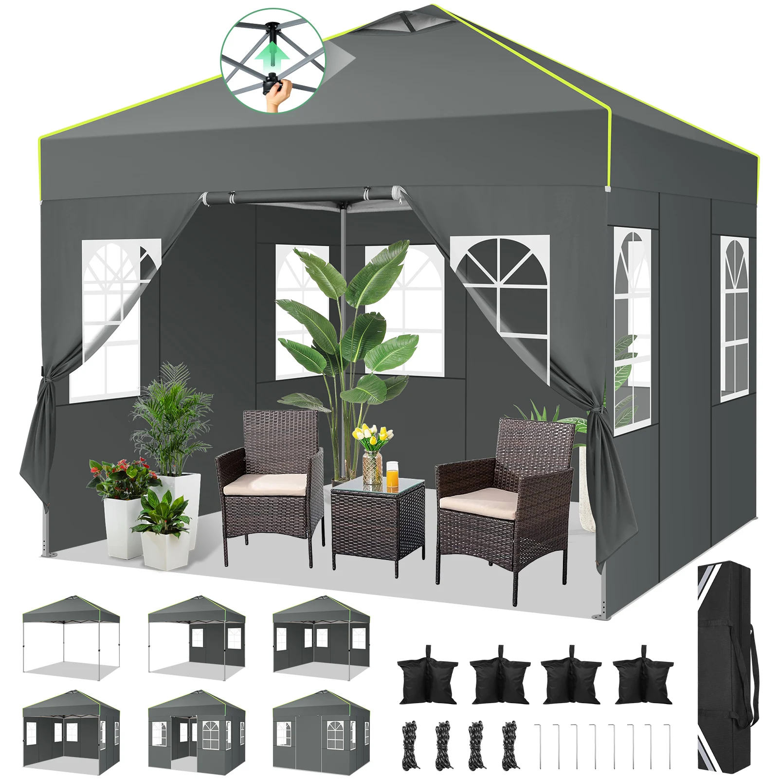 3x3m Pop Up Gazebo Waterproof Party Tent with 4 Sidewalls Garden Gazebo with Mesh Ventilation Opening and Reflective Strips