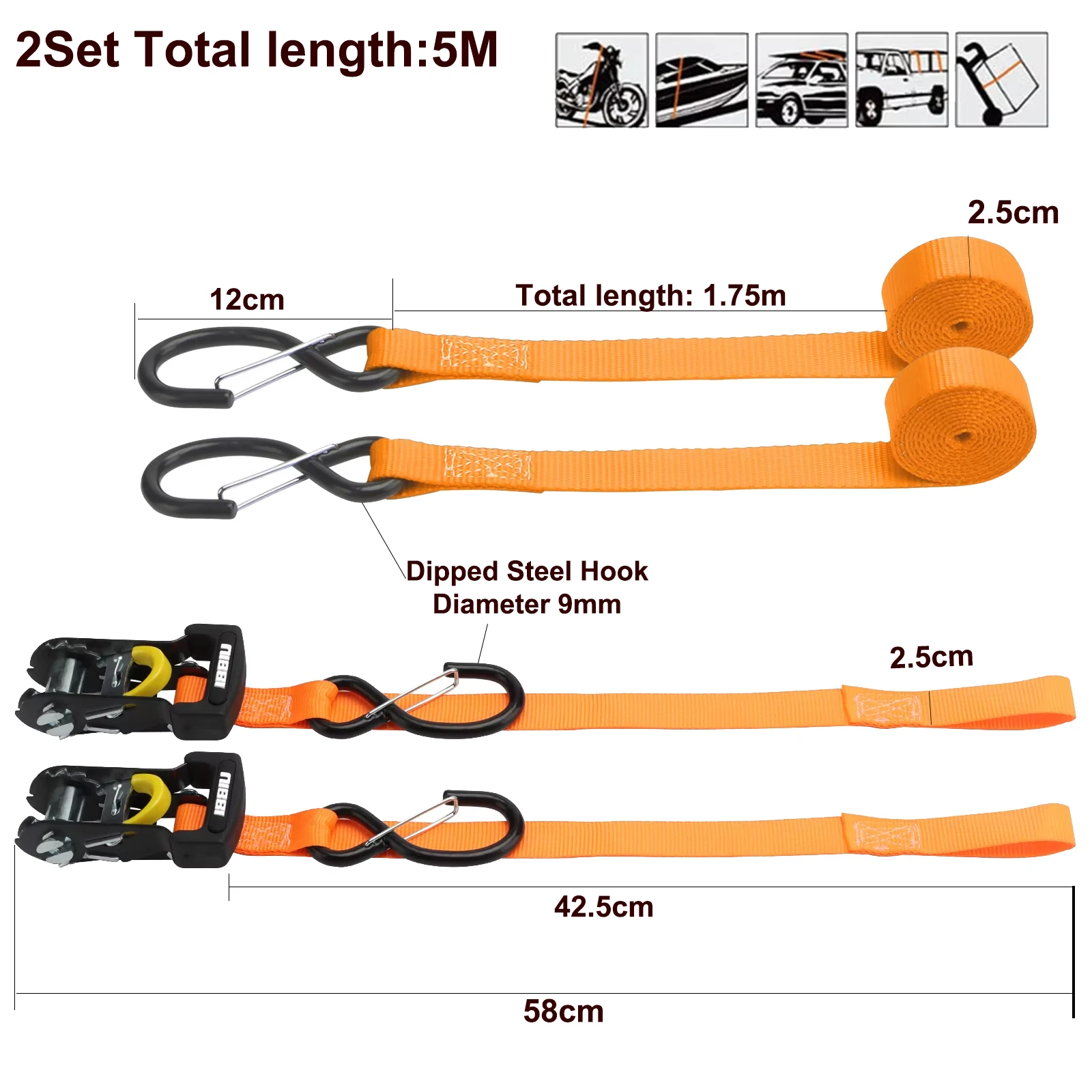 NIBBI 2 sets Strong Buckle Tie Down Belt 5M Cargo Luggage Strap For Car Motorcycle Bike Metal Ratchet tightener Baggage Straps Cargo Straps Luggage Strap Cargo Tie Down Strap Tie Down Straps Lashing Strap
