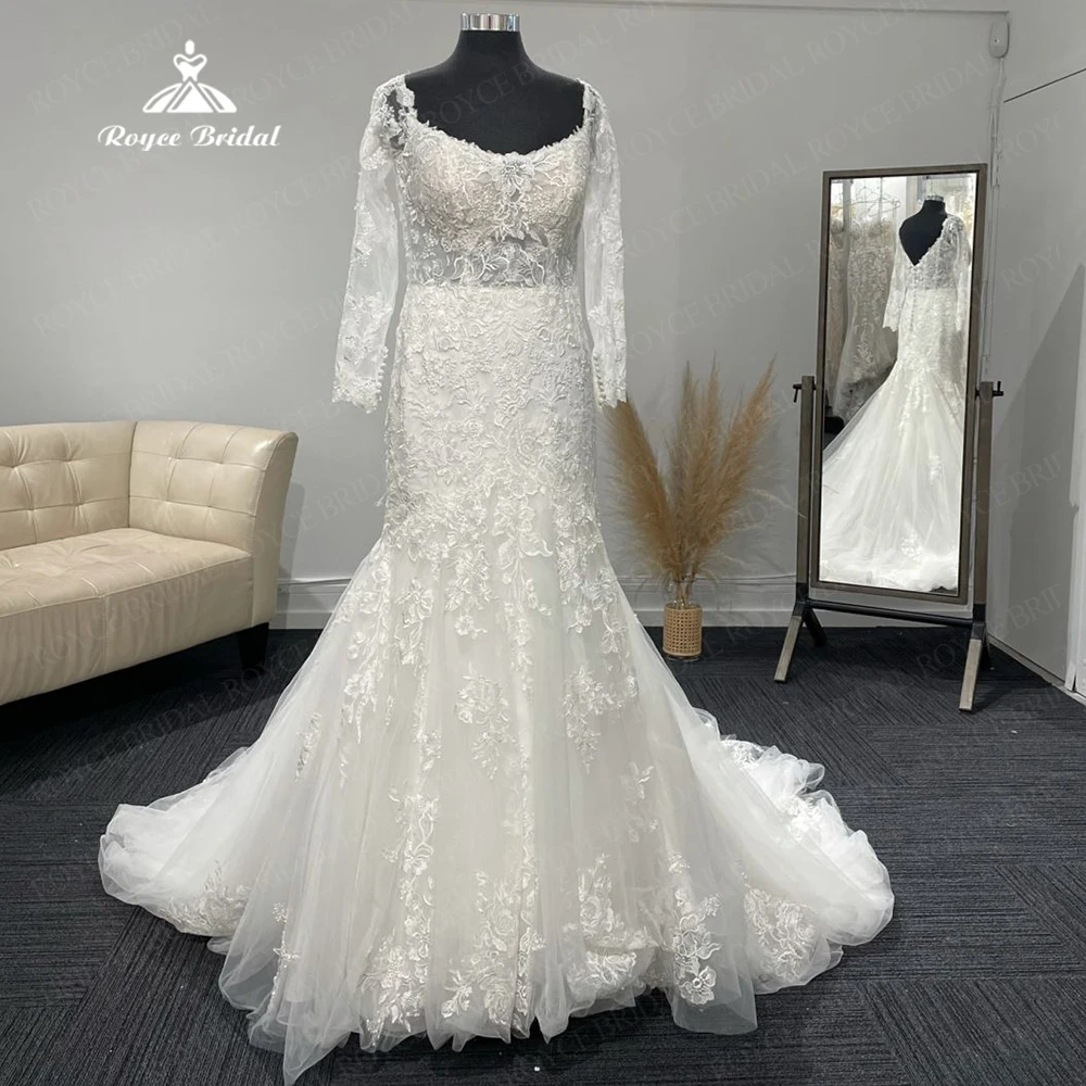 

Ivory Mermaid Wedding Dresses Lace Appliques Long Sleeve Bridal Gowns with Train Scoop Neek Spaghetti Straps Vintage Gowns 2023