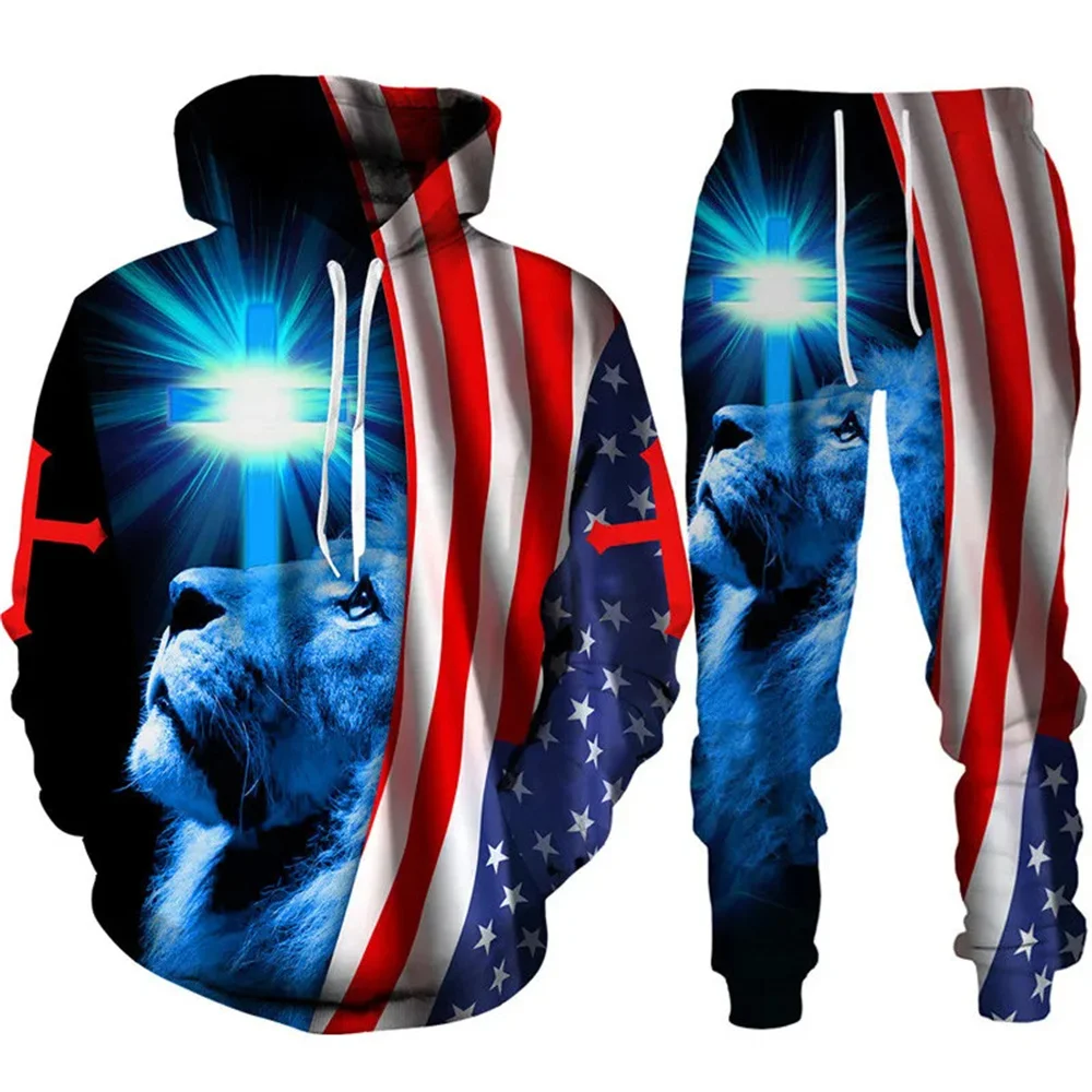Cool Tiger 3D Animal Print Hoodie+Pants Suit Long Sleeve Pullover Men's Sportswear Tracksuit Couple Outfit Two Piece Jogging Set 2