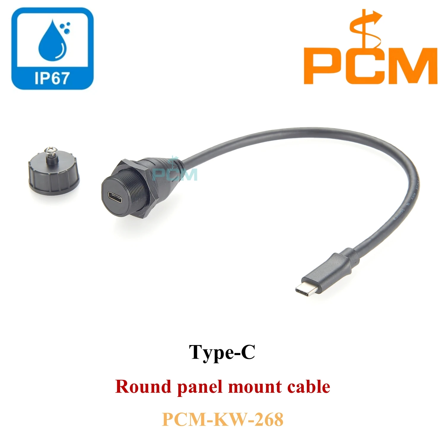 IP67 USB3.1 Type-C round panel mount cable with waterproof cap, Waterproof USB-C extension cable, front lock for chassis mount