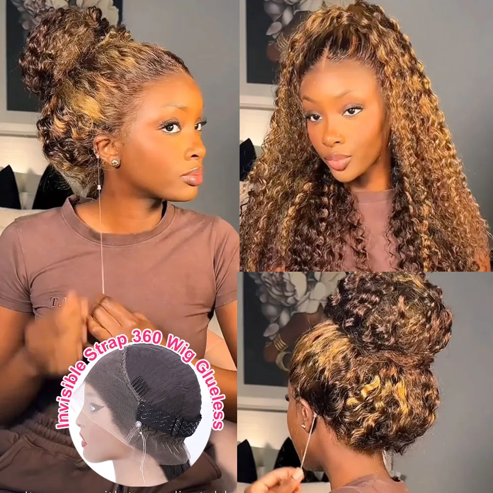 Highlight Deep Wave Frontal Wig Hidden Invisible Strap 360 Full Lace Glueless Wig 30 Inch Water Wave Lace Front Wig Human Hair