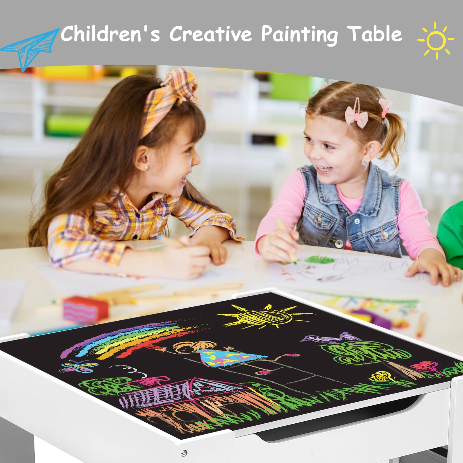 AOOU Kids Table and 2 Chairs Set, 3-in-1 Wooden Activity Table, w/Detachable Storage Drawer, Drawing Reading Black Board Desk 5