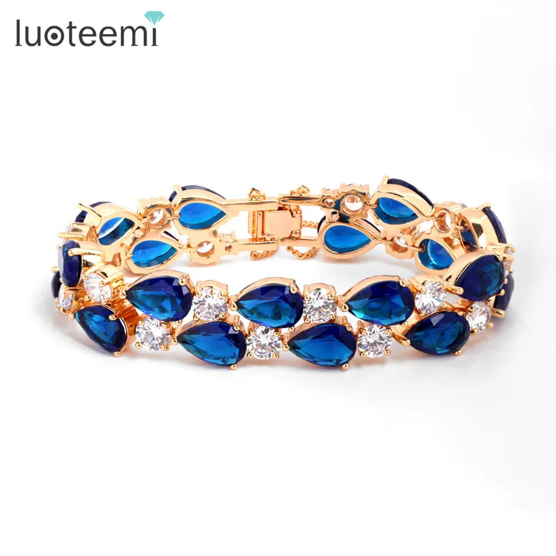 LUOTEEMI Green Blue Crystal Mona Lisa Bracelet for Women Rose Gold Color Bridal Wedding Party Jewelry Christmas Friendship Gifts