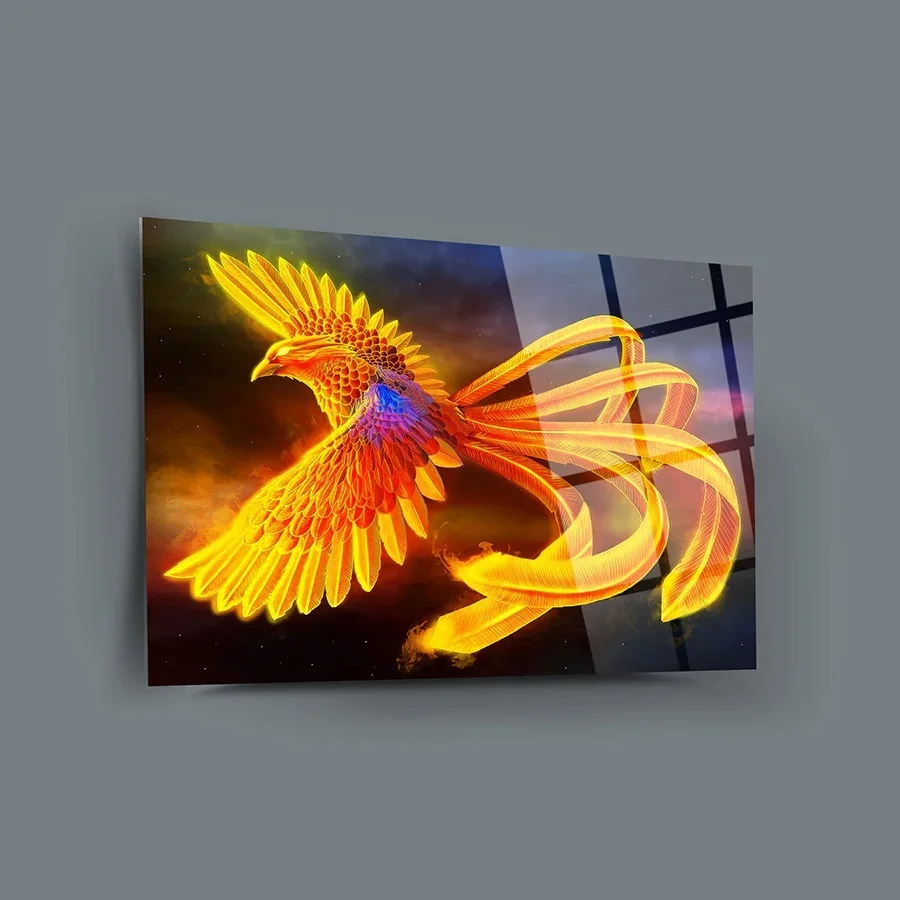 

Yellow Phoenix Decor, Glass Wall Art,Frameless Free Floating Tempered Glass Panel,Home Office Living Room Decoration,ctsa-126af