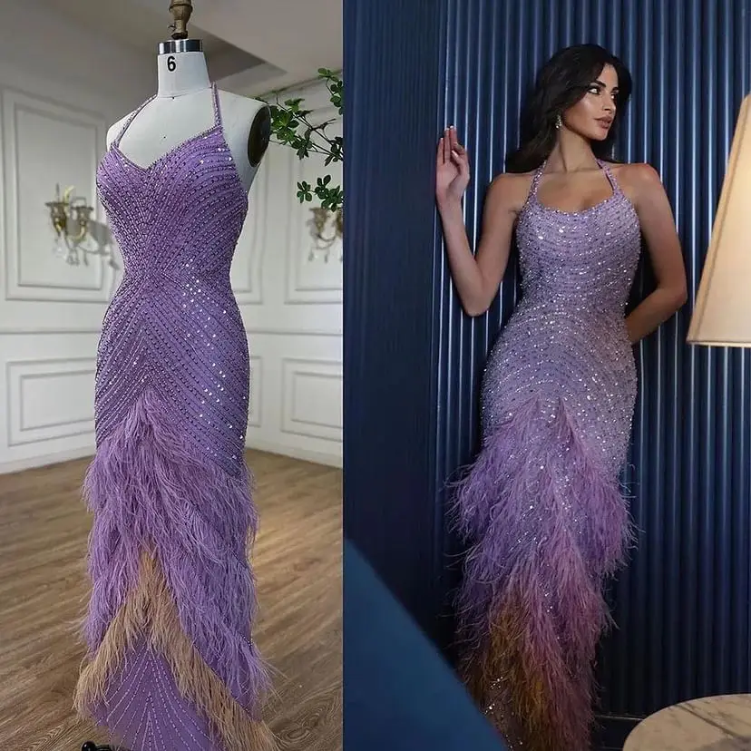 

Meetlove Strapless Prom Dresses Ankle-Length Stain Zipper Up Wedding Party Feather Women Halter Beaded Sleeveless Grace 2023
