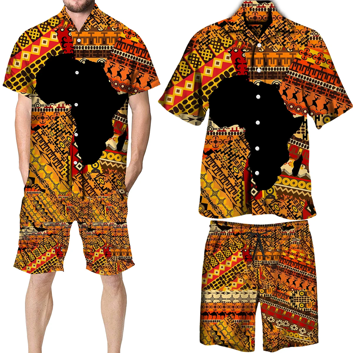 

Men Summer Coloful Vintage African Ethnic Print Single-breasted Shirt Beach Shorts Hawaiian Set Male Shorts/Suits Chemise Homme