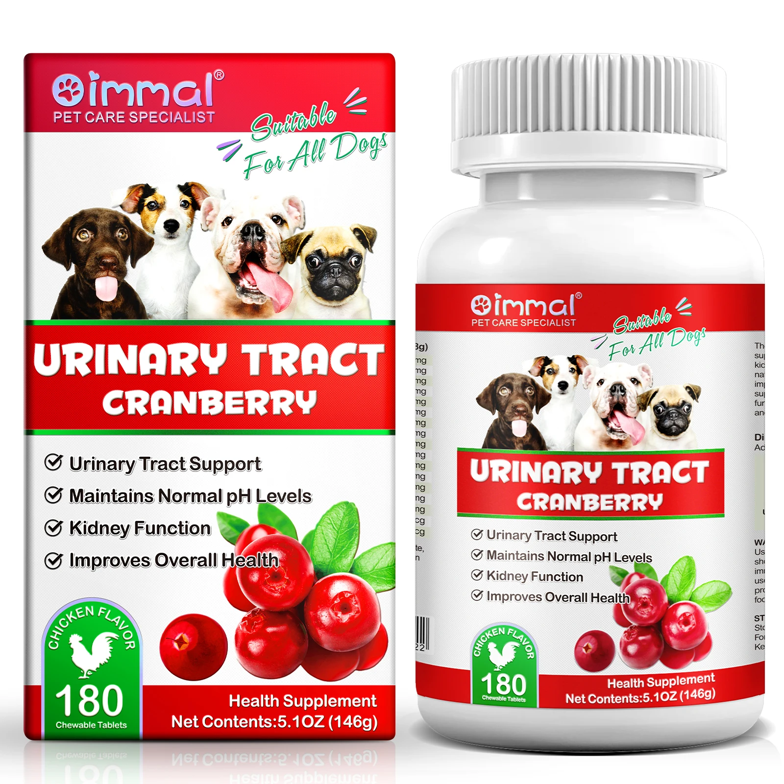 Cranberry Canine Care Optimal Urinary Tract Support for Dogs Enhancing Kidney Function with Chicken Flavor 180 Chewable Tablets