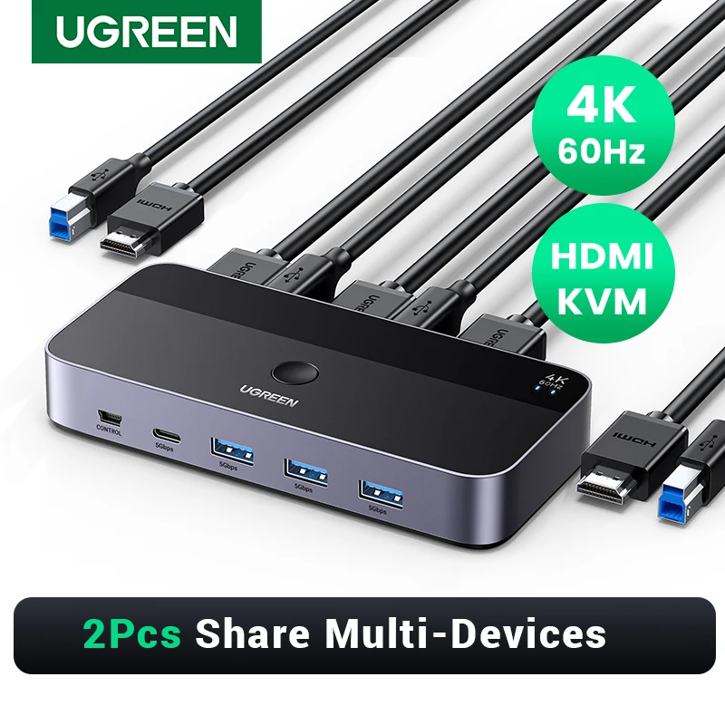 UGREEN-Commutateur KVM HDMI 4K à 60Hz, USB 3.0, partage 1 moniteur, imprimante, clavier, souris, prise en charge 3D ,HDR Vision, 2 pièces