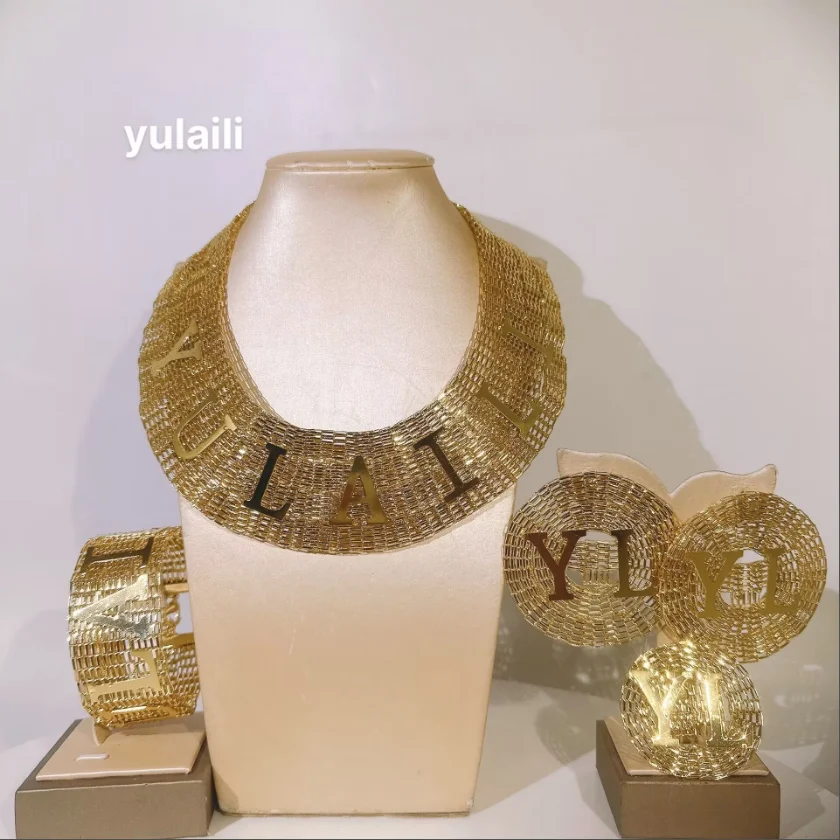 

New Design Custom Jewelry Customized Name Brazilian Gold Plated Jewellery Set Exclusive Necklace Earrings Ring Bracelet Yulaili