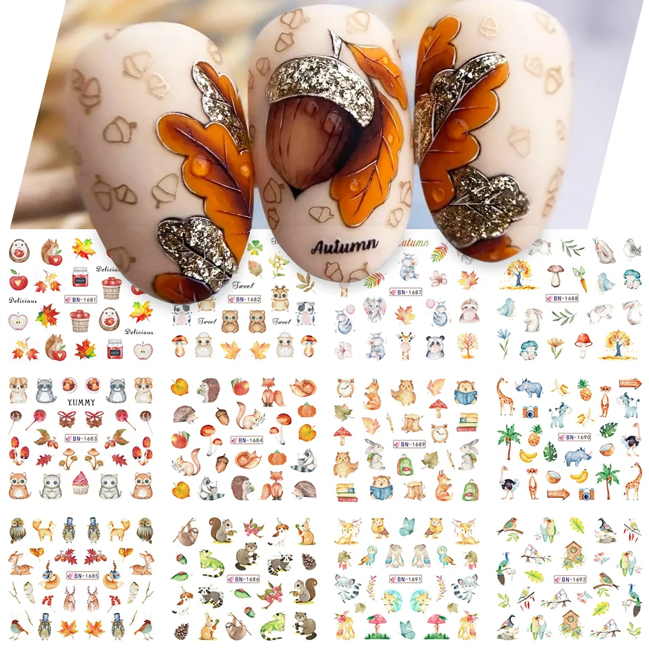 nail stickers 12pcs Hedgehog Animal Pine Cones Gold Fall Design Watercolor Winter Manicure Transfer Sliders