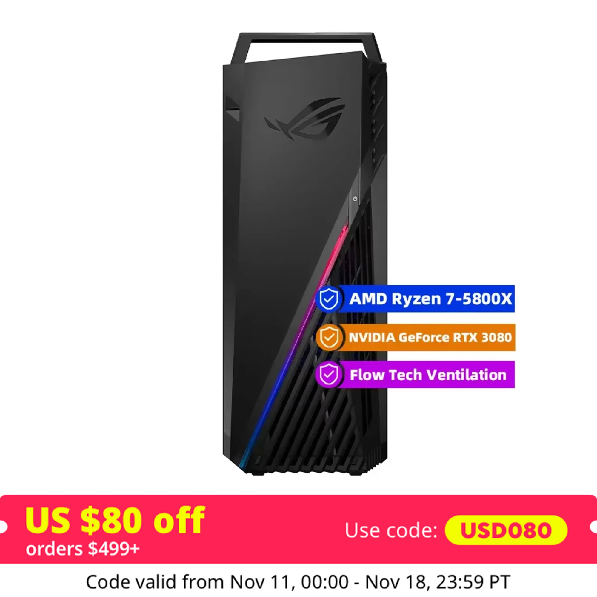 ASUS ROG STRI GA15 Gaming Desktop,AMD Ryzen 7-5800X,NVIDIA GeForce RTX 3080,64GB RAM,4TB SSD,Windows 11,Black