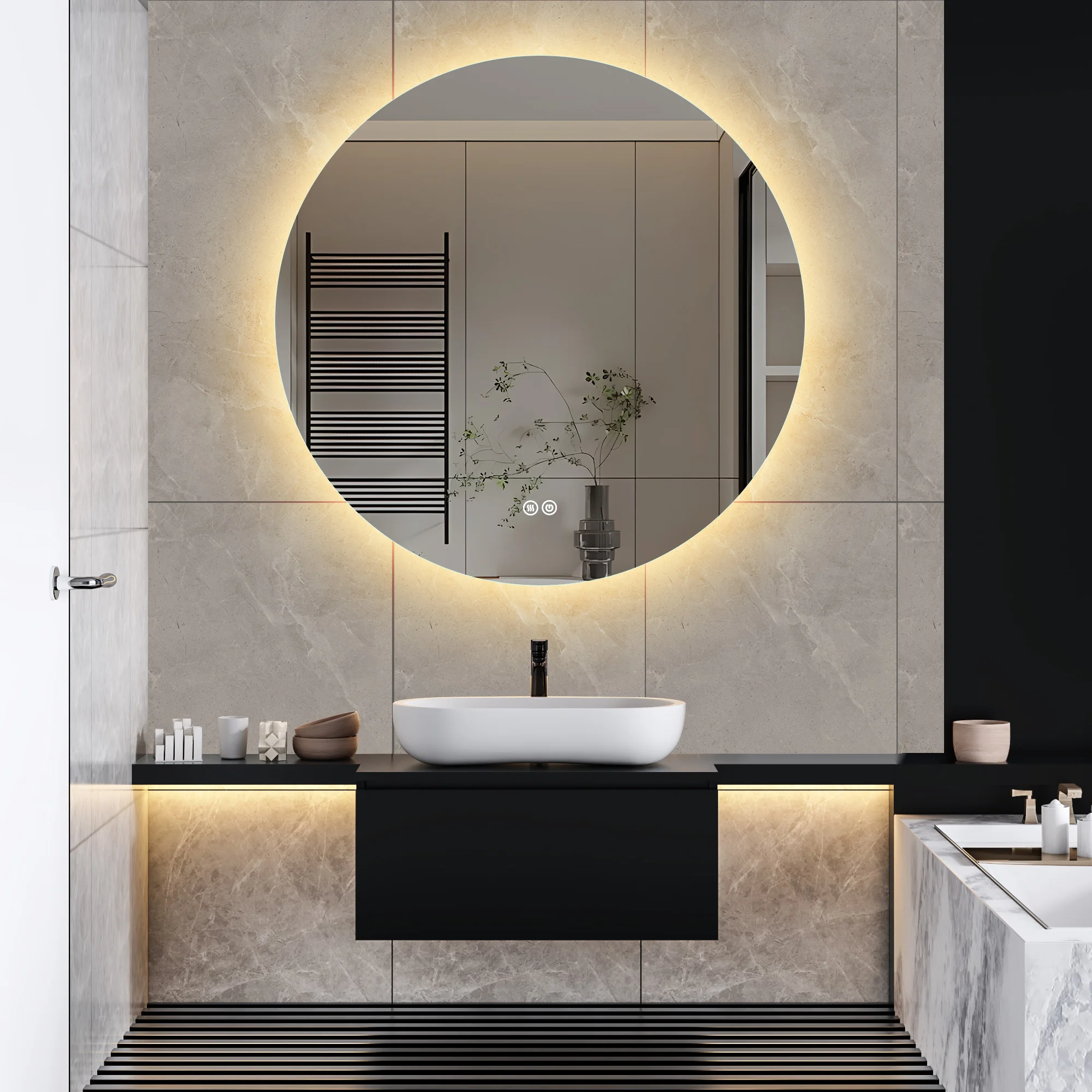 80x80cm Bathroom Round Mirror with LED Lighting, with 3 Light Colours, with Dimmable Touch Switch and Defogging Function - Image 2
