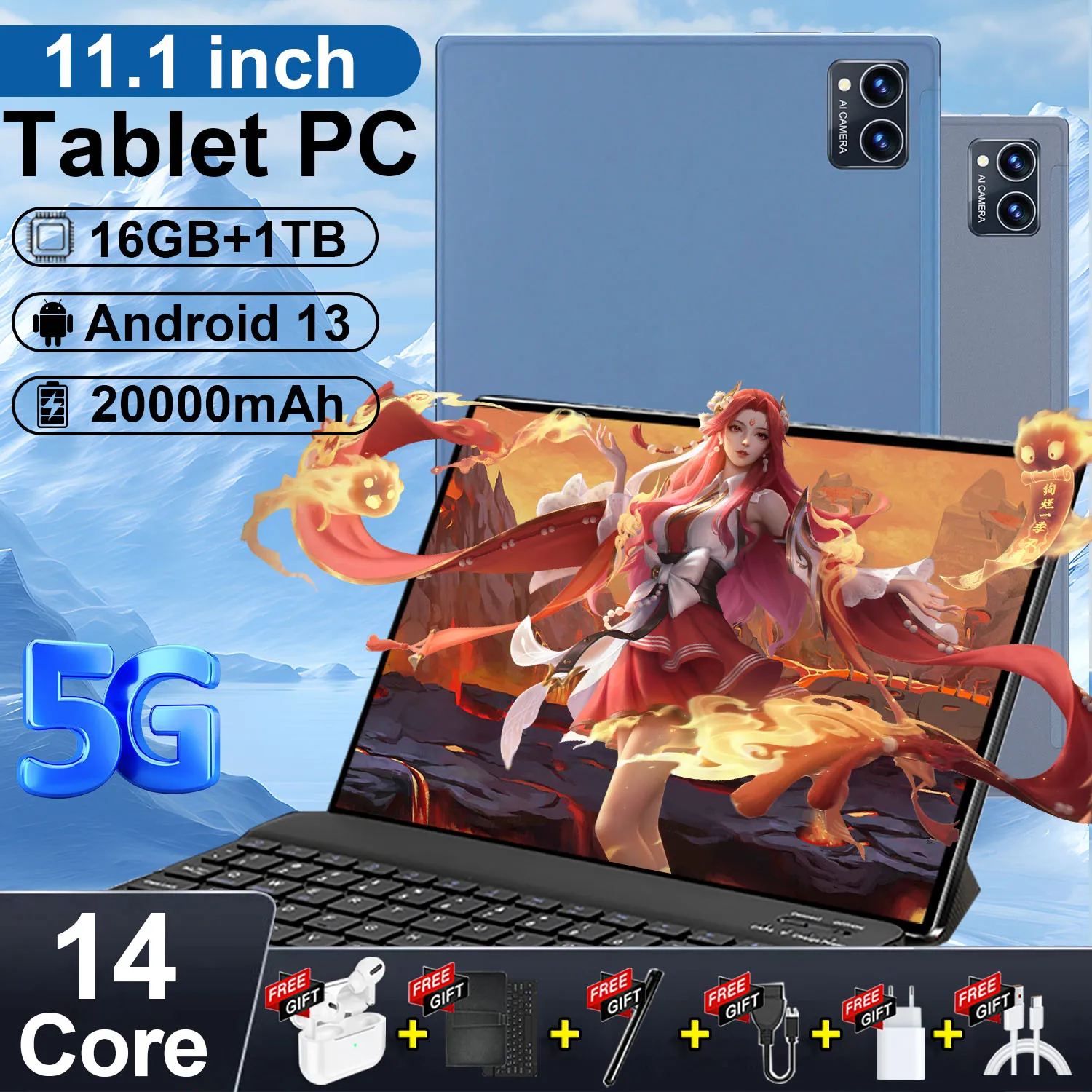 2024 Tablet Android 16Gb + 1Tb 20000 Mah Versione Globale Nuova Rete 11.1 Pollici 14 Core Android 13.0 Tablet Wifi