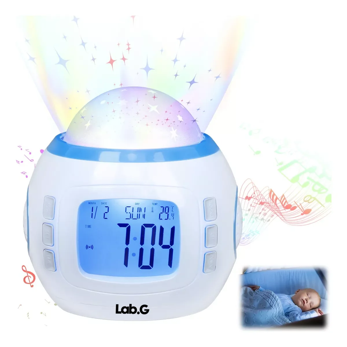 Reloj Despertador Lab.G Con Proyección De Estrellas Para Niños Blanco detalles azul