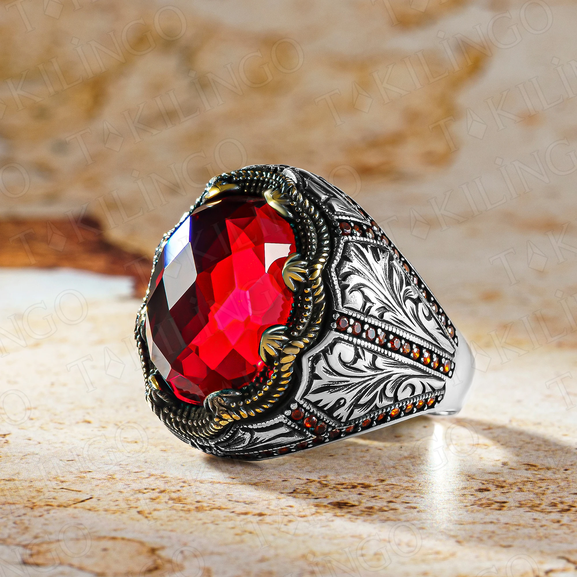 

Elegant Stamped Solid 925 Sterling Silver Oval Red Zircon Stone Men's Ring High Quality Handmade Jewelry Turkish Gift For Men