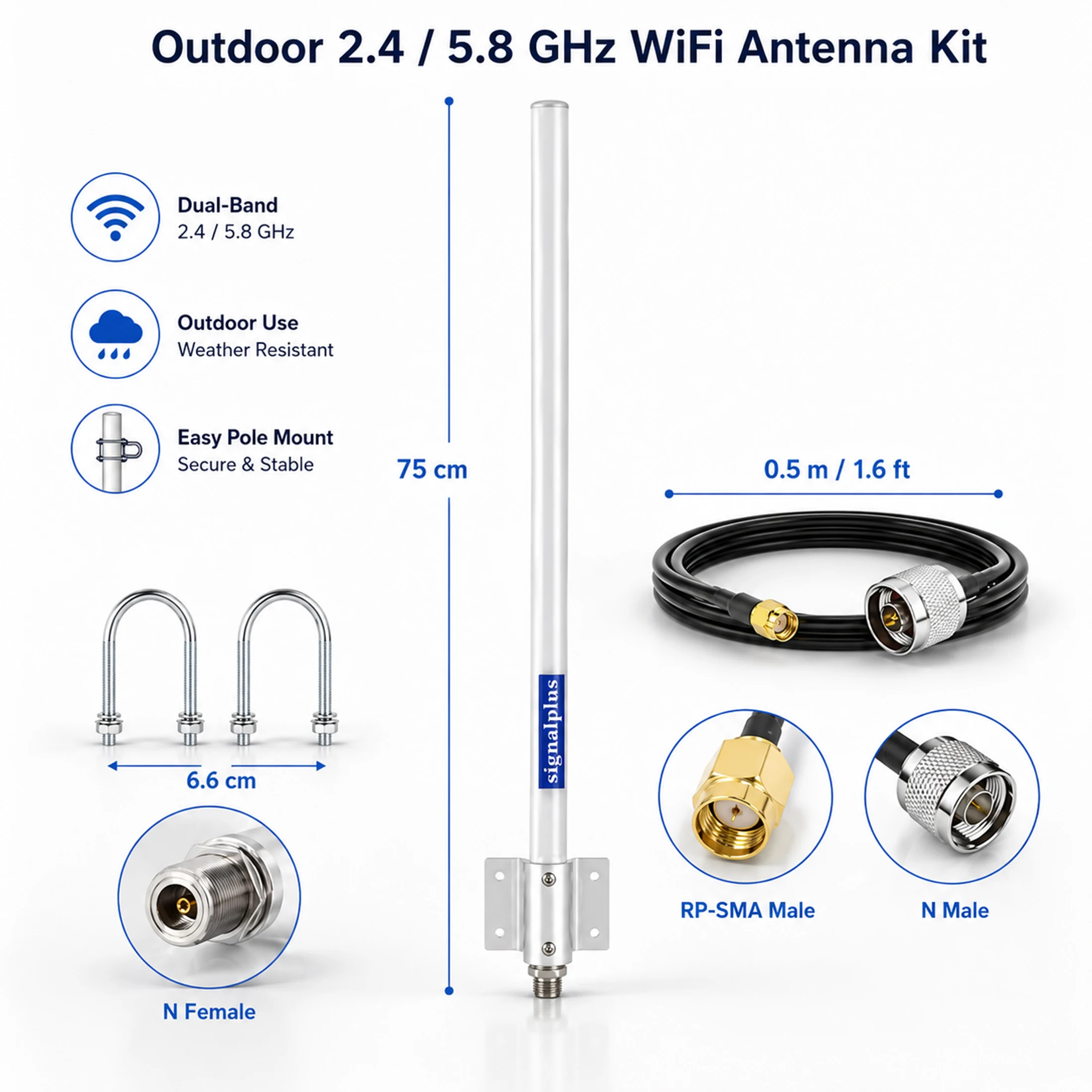 12dBi 외부 장거리 WiFi 6 안테나 전방향 2.4G/5.8G 익스텐더 액세스 포인트 보안 카메라 라우터용, N-여성형