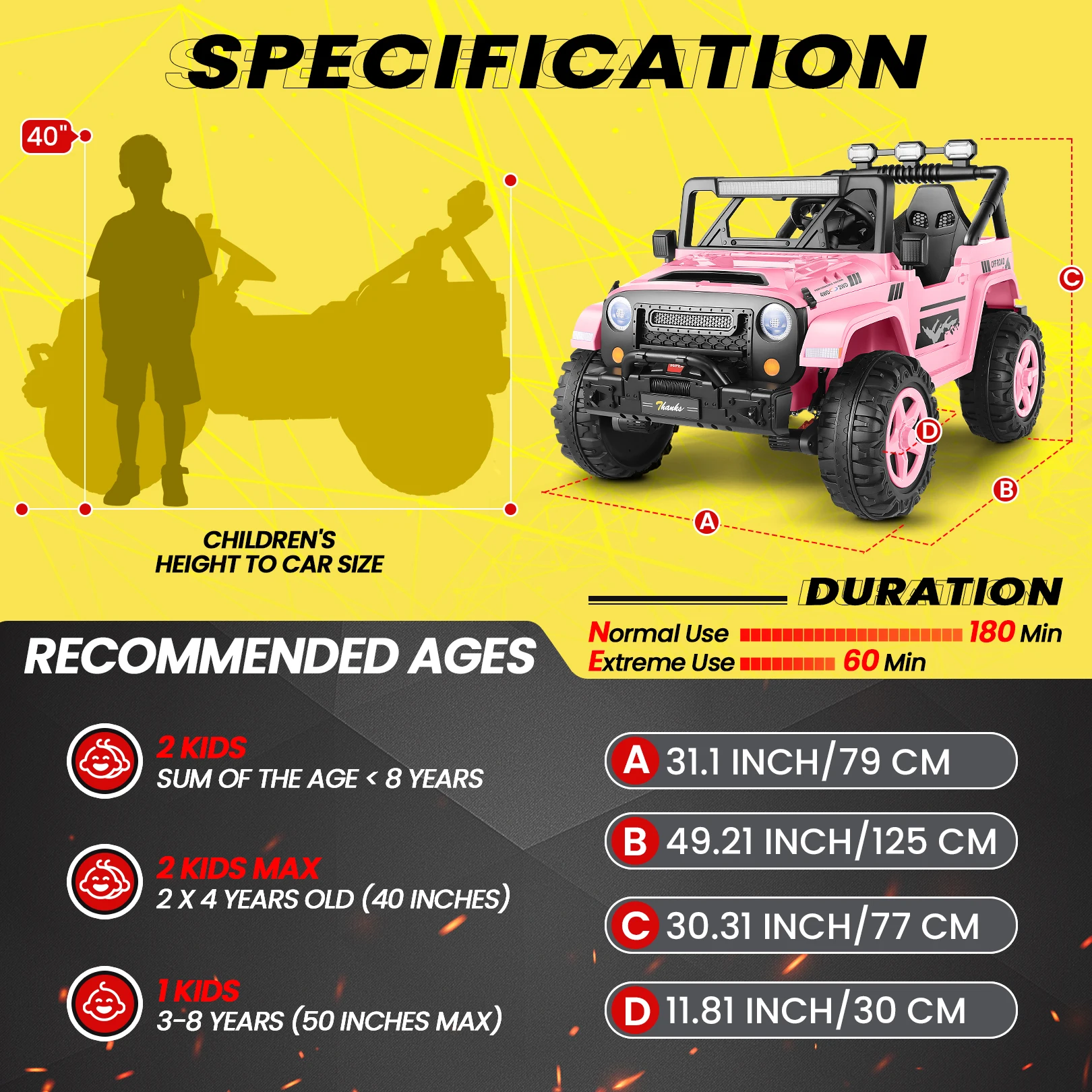24V Ride on Toys 2 Seater Ride on Cars, 4x4 Electric Car for Kids, Battery Powered Truck Car W/ 4x200W, Music, LED Light