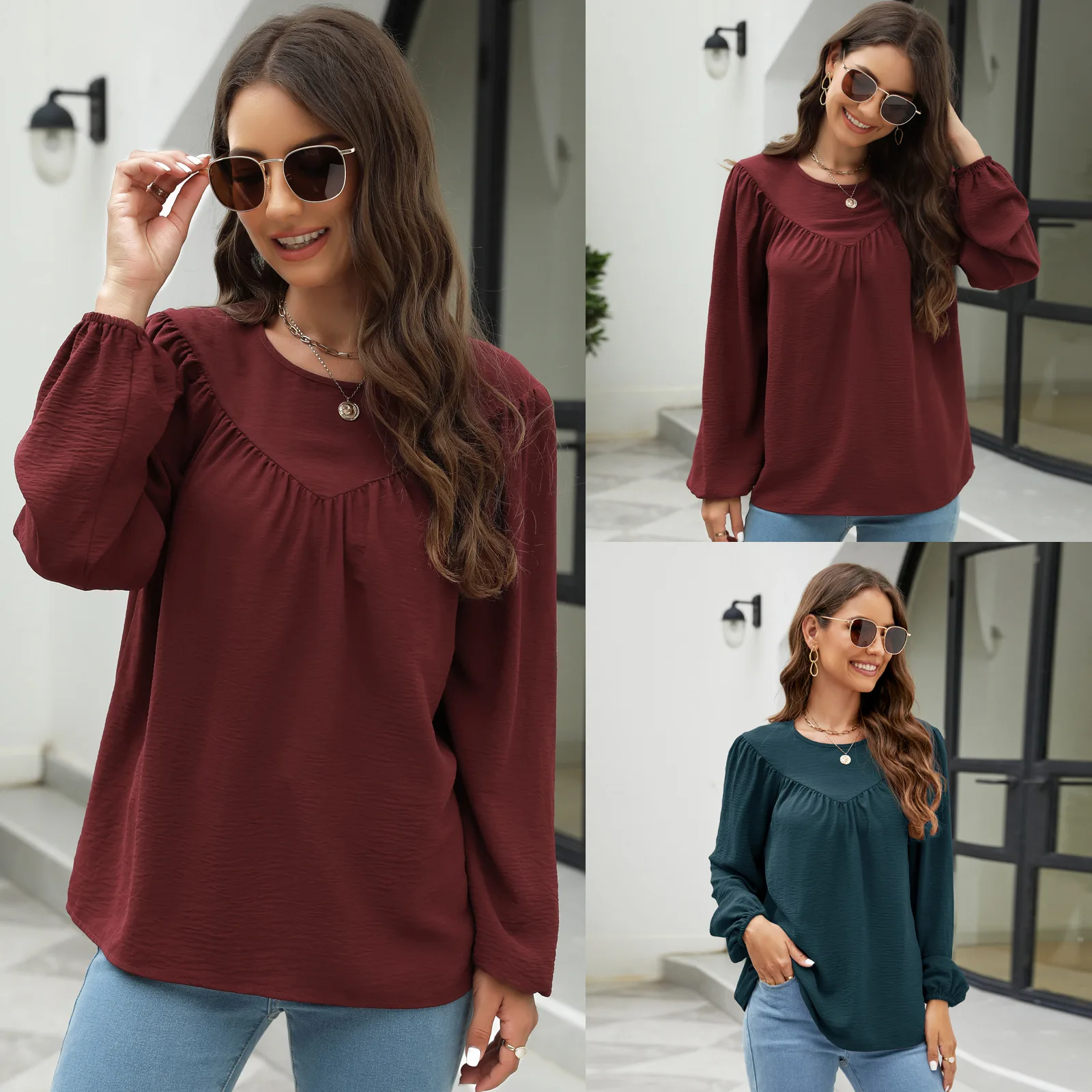 Maternity Clothes Pleated Long Sleeve Blouse Shirt Tees Spring Autumn Casual Women Chiffon O-Neck Blouse T-Shirt Pullover Top