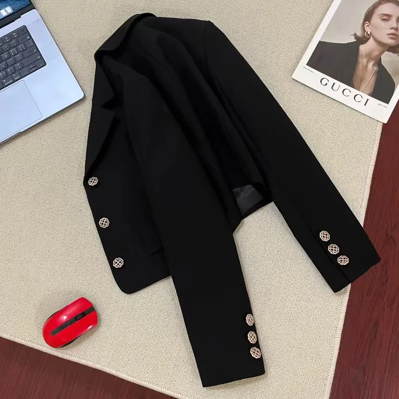 Elegant Fashion Blazer 2024 For Women Suit Solid Buttons Black Short Party Club Summer