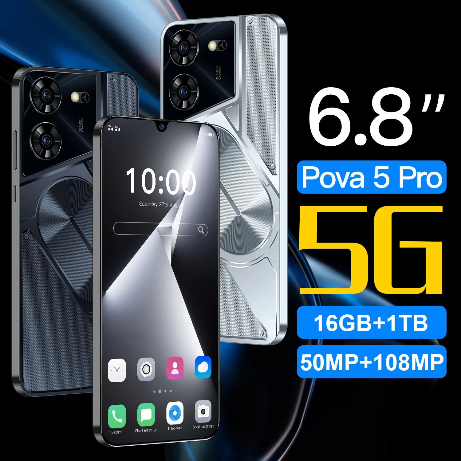 포바 5 프로 스마트폰, 7.3HD 스크린, 16G + 1T 6800Mah, 50MP + 108MP, 안드로이드 13 셀룰라 듀얼 심, 페이스 언락, 5G 오리지널 휴대폰