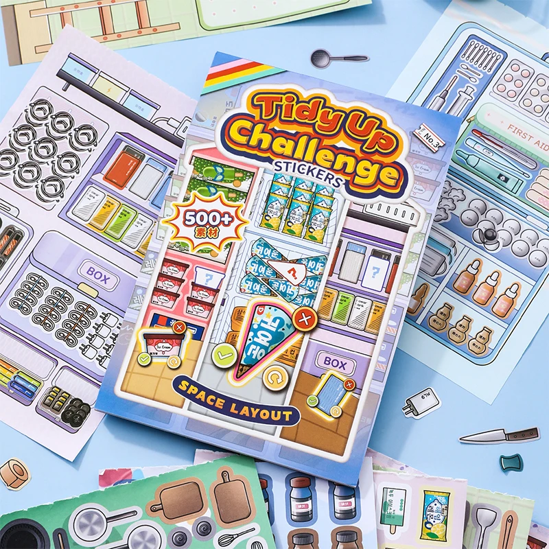 Mr.Paper 18Pcs Tidy Up Challenge Sticker Book Stress Relief Organizing Scene Sticker for DIY Journal Scrapbook Decor