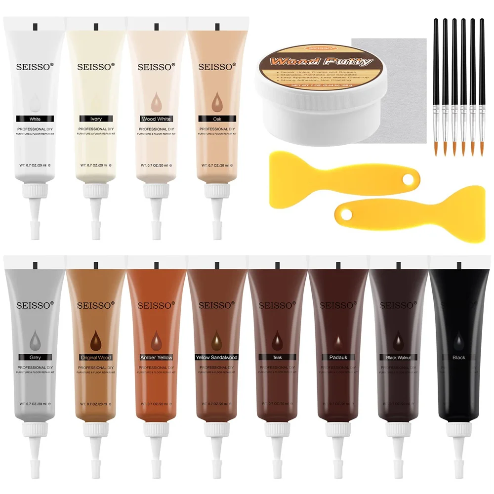 SEISSO Wood Furniture Repair Kit 22 Pcs Laminate Floor Repair Kit with Wood Putty Fillers Wax Sticks Scratch Cracks Hole Restore
