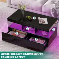 Table Basse Noire Haute Brillance LED RGB App, Table de Salon Moderne à 2 Tiroirs & Étages, Meuble Design avec Télécommande 3