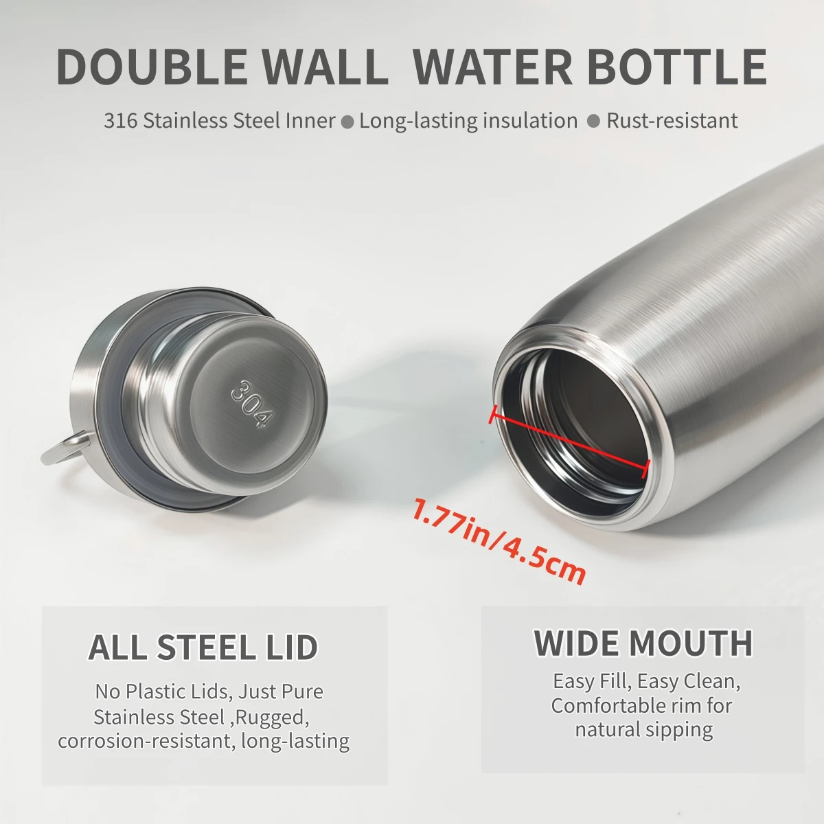 500ml 이중벽 스테인리스 스틸 캠핑 물병, 넓은 입구, 땀 방지 기능, 하이킹, 캠핑 여행에 이상적