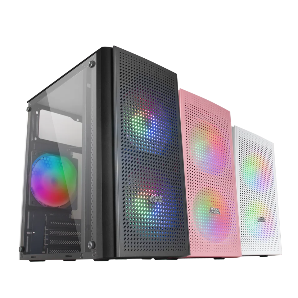 Mars Gaming MC300, Caja PC Compacta Gaming Micro ATX, Panel frontal Total-Mesh, Ventana Lateral Cristal Templado, 3 Ventiladores FRGB 12cm, Caja FRGB Negro, Blanco o Rosa