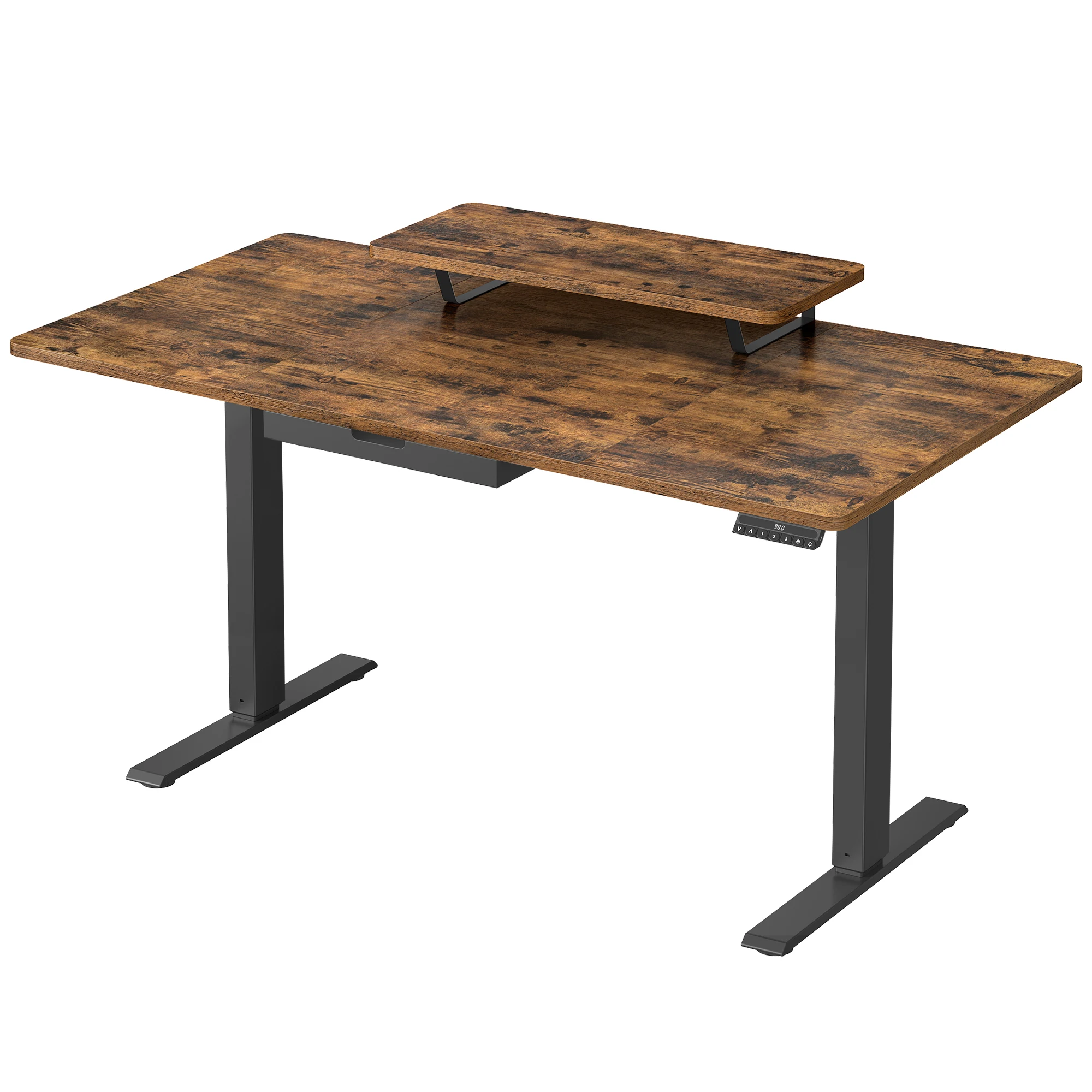 VASAGLE Height Adjustable Electric Desk, 140 x 70 cm, for Office Use, with Monitor Stand, Drawer, USB-C Port, and Sedentary Reminder, Rustic Brown/Cloud White, suitable for multitasking and ergonomic work.