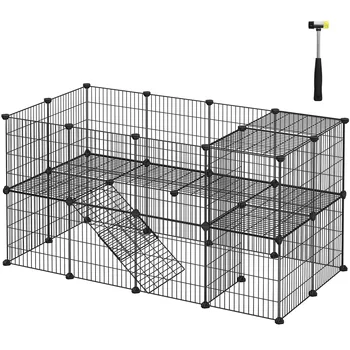 SONGMICS Recinto per animali domestici, recinto modulare a 2 livelli per piccoli animali, criceti, conigli, cavie, pannelli in rete, uso interno, 143 x 73 x 71 cm, nero/bianco