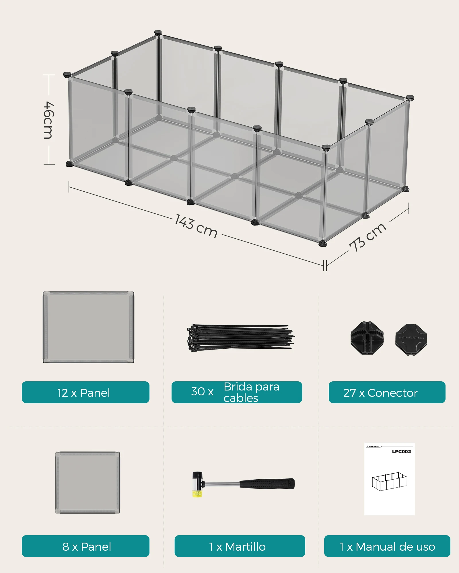 SONGMICS Recinto per animali domestici, box per cavie con pavimento, recinto interno in plastica trasparente per criceti, conigli, ricci, per piccoli animali, 143 x 73 x 46 cm, grigio/bianco - immagine 6