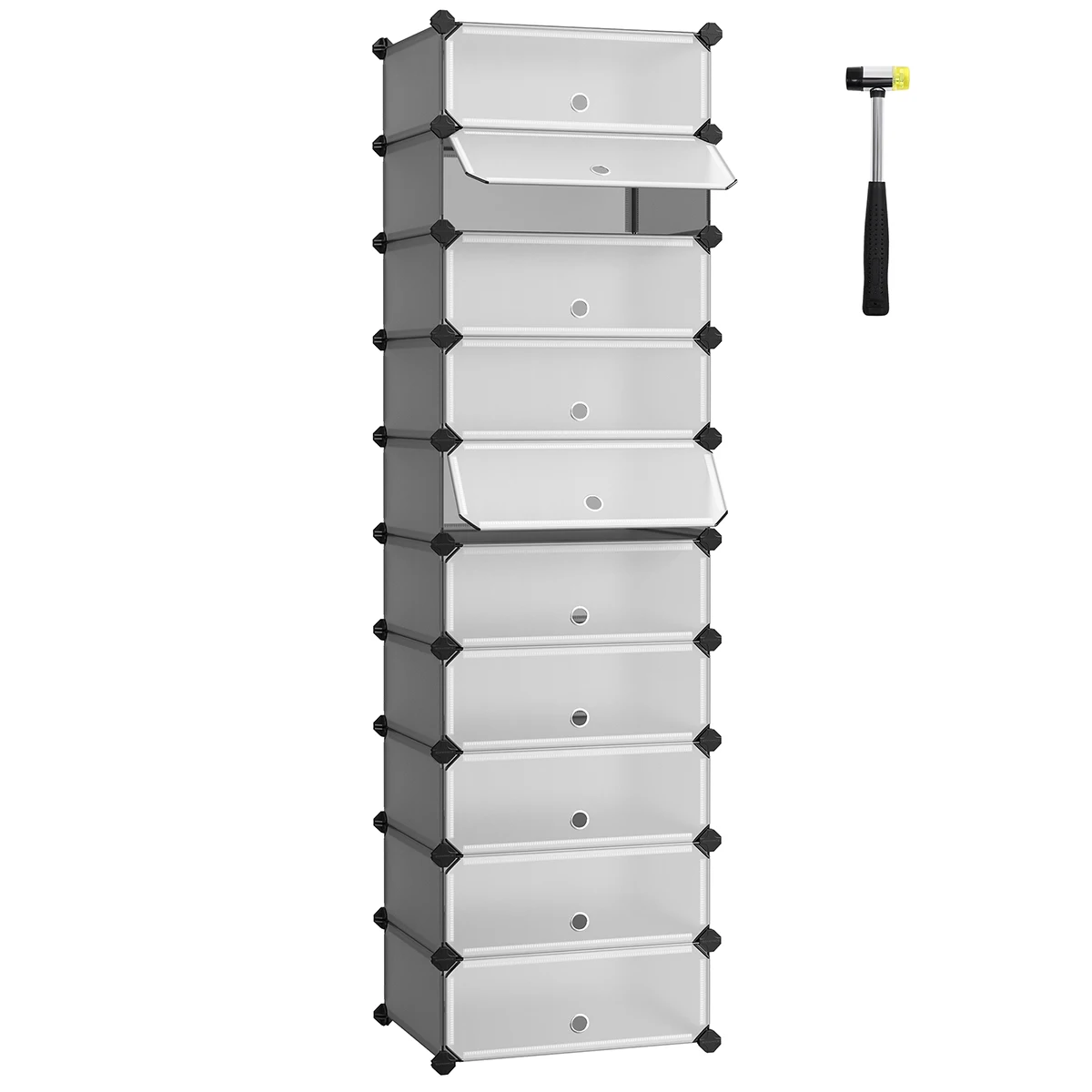SONGMICS Muebles para Zapatos con 10 Compartimentos_ Estante Modular de plástico_ Caja de Almacenamiento para Zapatos_ con Puerta y mazo_ Gris/Negro/Marrón Rústico
