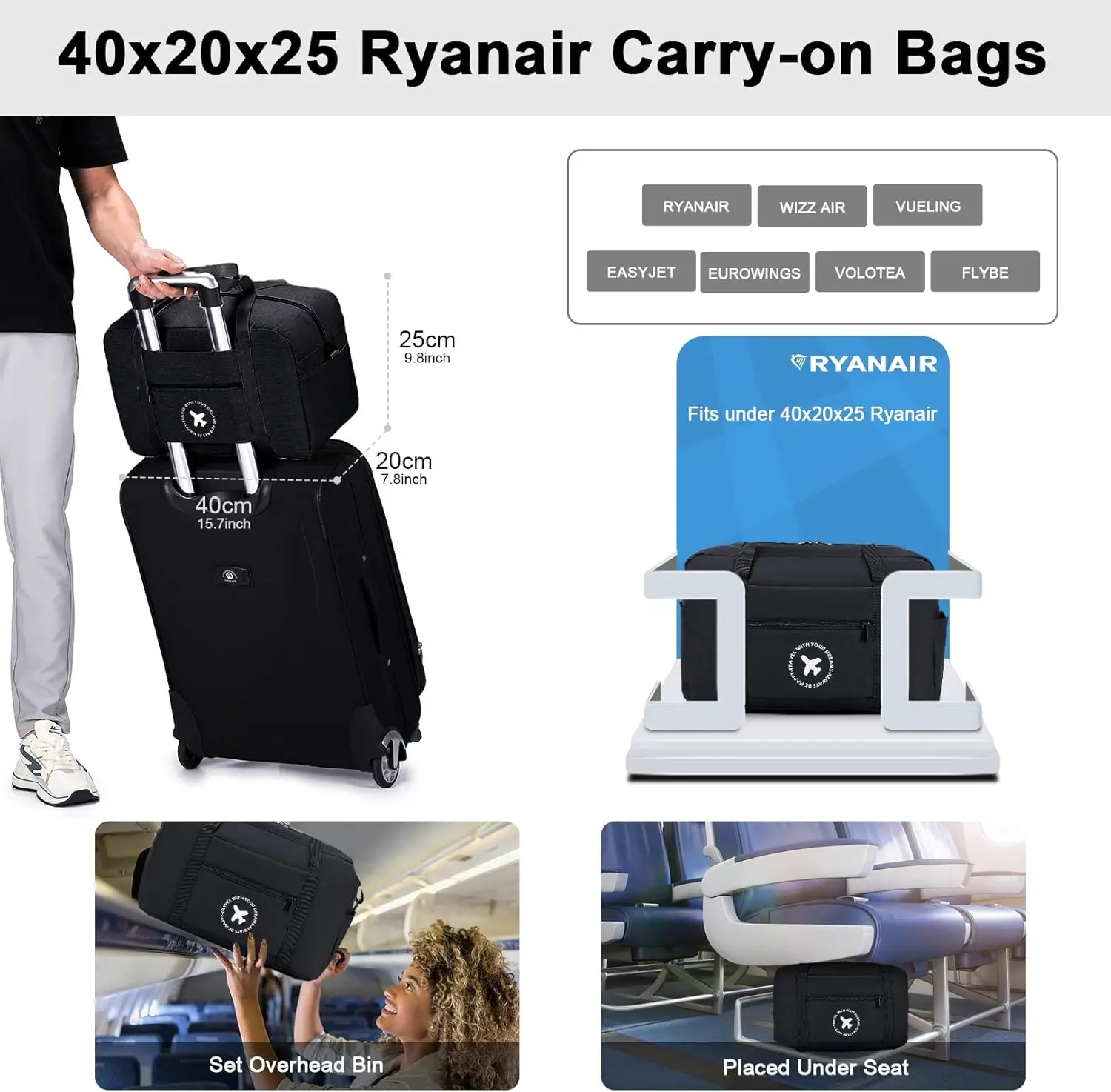 Porcheddu ryanair cabin bag 40x20x25, travel bag, canvas bag, foldable, under seat, cabin bag, waterproof, end of season bag, lightweight gear bag 2