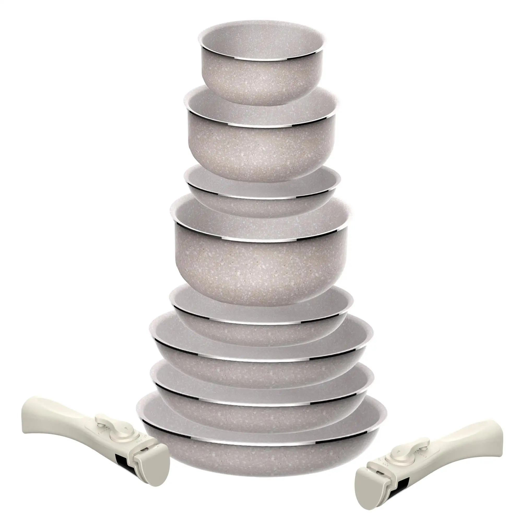 Set di 8 pezzi: 5 padelle Ø18Ø20Ø24cm (x2) Ø28cm e 3 pentole Ø16Ø18Ø20cm in alluminio pressofuso con rivestimento ILAG e 3 manici rimovibili.