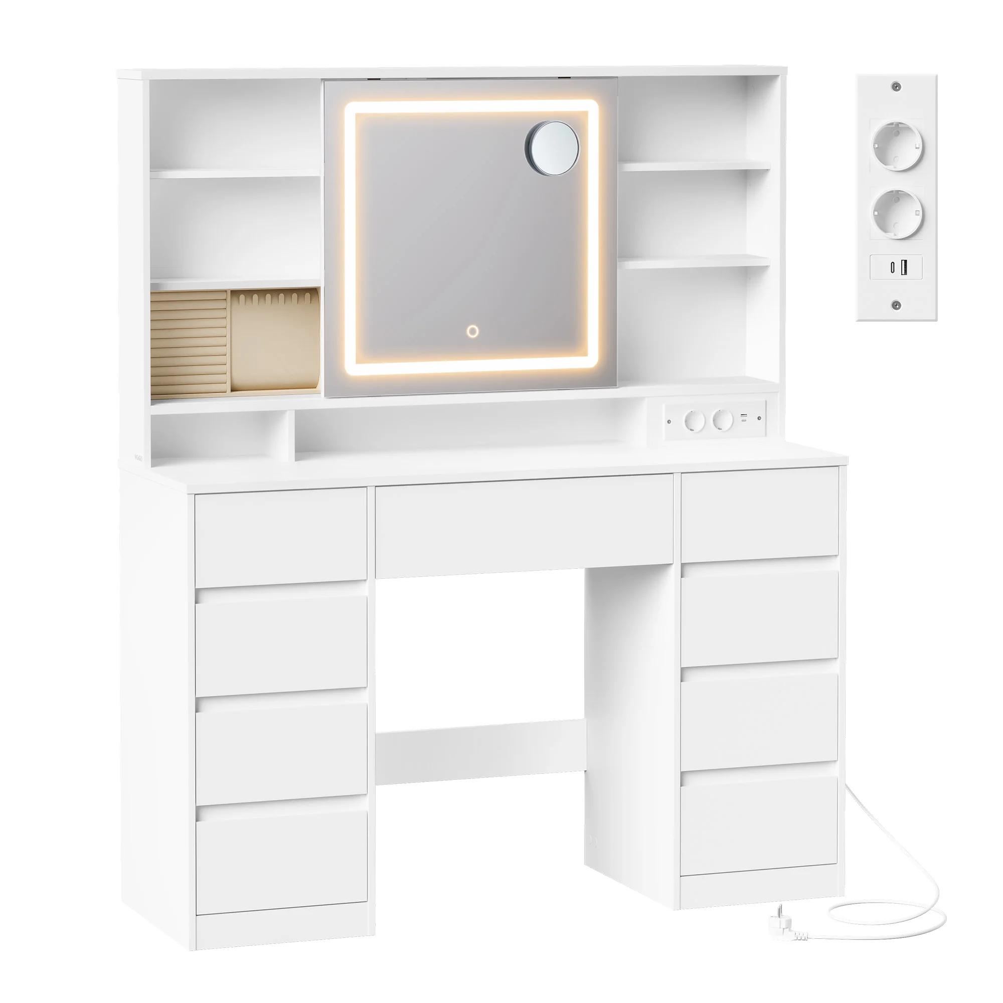 VASAGLE Kailyn Collection - Tavolo da Trucco con Specchio LED, Multipresa, 9 Cassetti, Lente d'Ingrandimento 10x, Illuminazione a 3 Colori, Montaggio Senza Attrezzi, Bianco Cloud, Idea Regalo di Natale