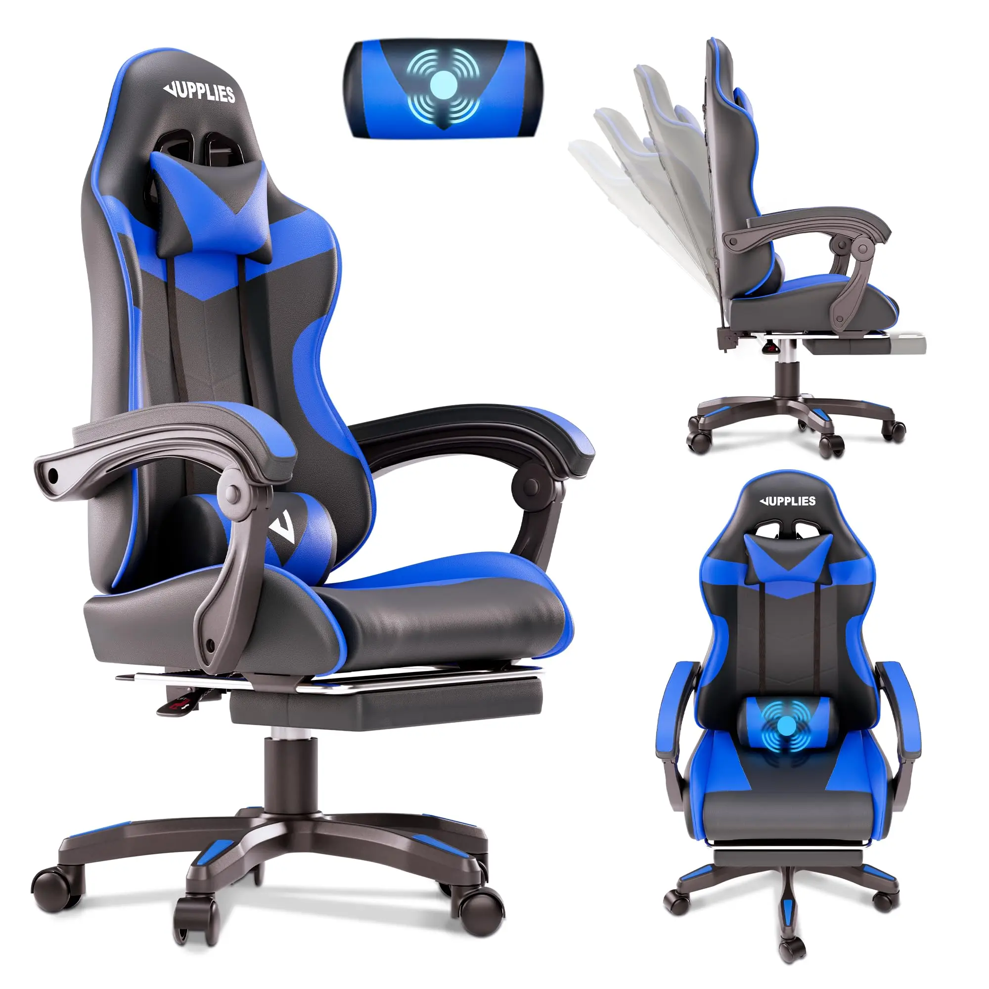 Jupplies professional gaming chair with massager - ergonomic office chair, adjustable height and folding backrest - gaming gamer chair