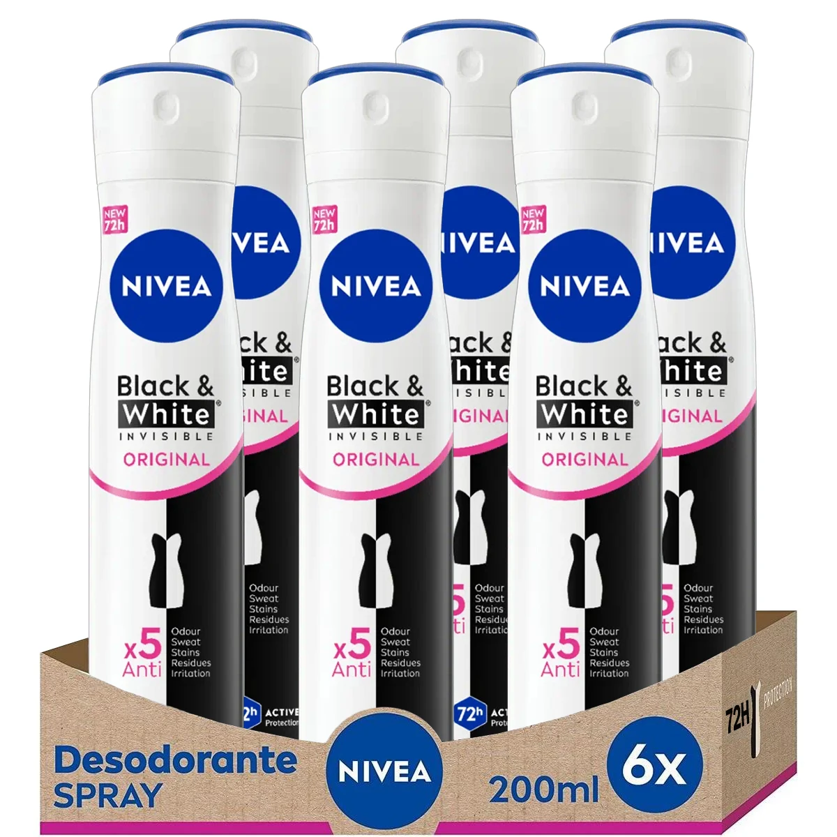 Desodorante NIVEA Black & White Invisible Original Spray 200ml, 6 unidades, 200ml*6