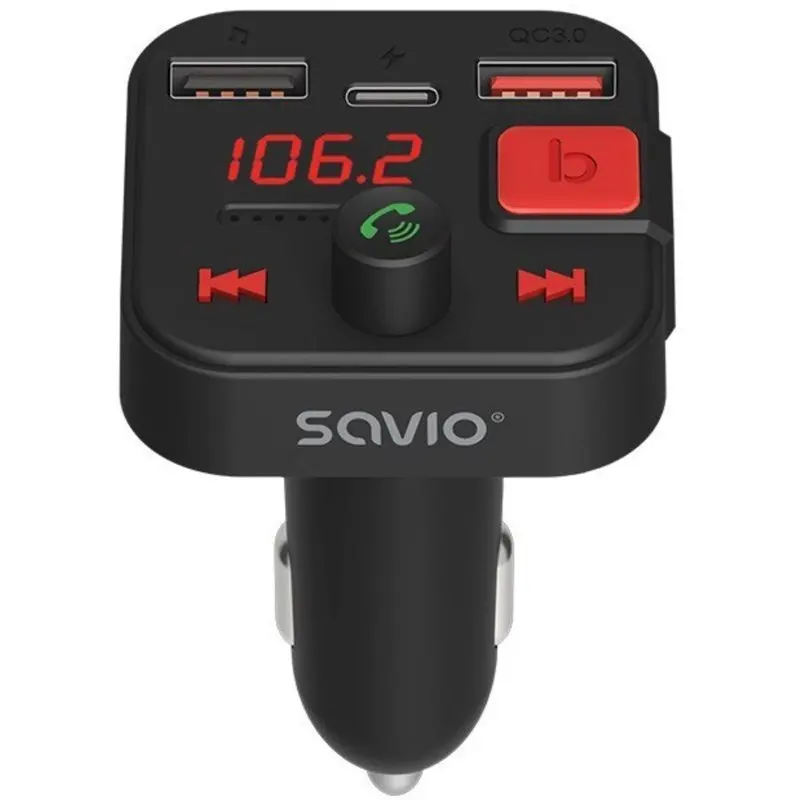 Transmisor FM SAVIO, Bluetooth 5.3, cargador QC 3.0, pantalla LED, Bass Boost, TR-15, negro
