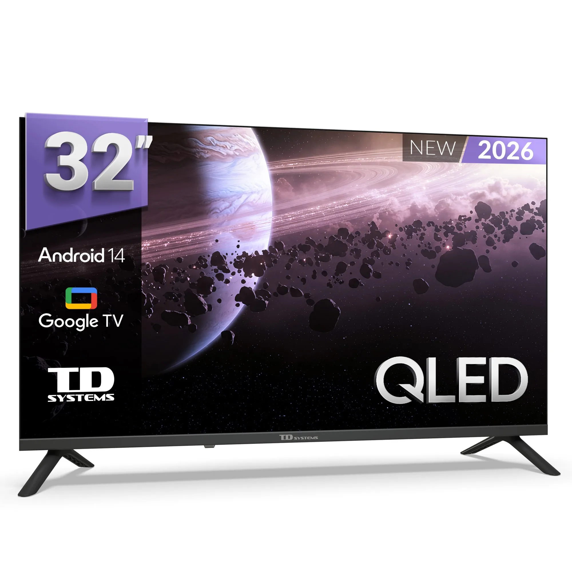 Smart TV 32 inches QLED HD Hey Google Assistant with Voice Control - TD Systems K32DLK21GLQ, Android 14, 1366 x 768 resolution, Dolby Digital Plus, Bluetooth 5.1, Google Chromecast, 2 HDMI ports, supports Netflix and other apps.