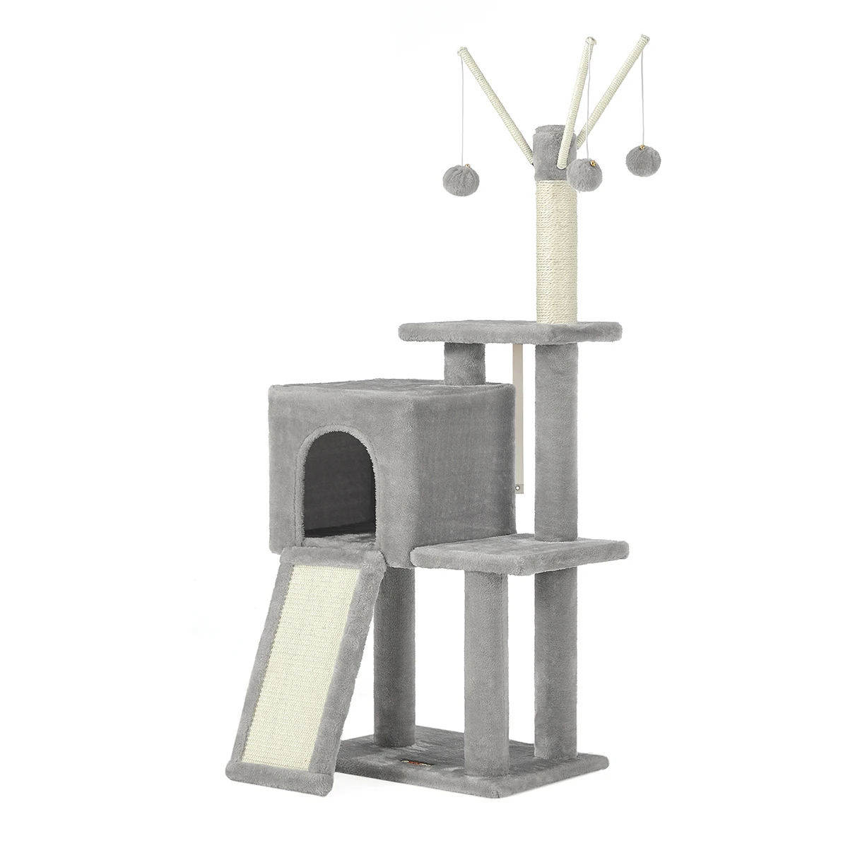 FEANDREA Cat Tree, Multi-Level Play Tower for Cats up to 7kg, Light Grey/Dark Grey, includes removable plush toys, sisal scratching post, and cozy hideaway for endless fun and scratching without damaging furniture.