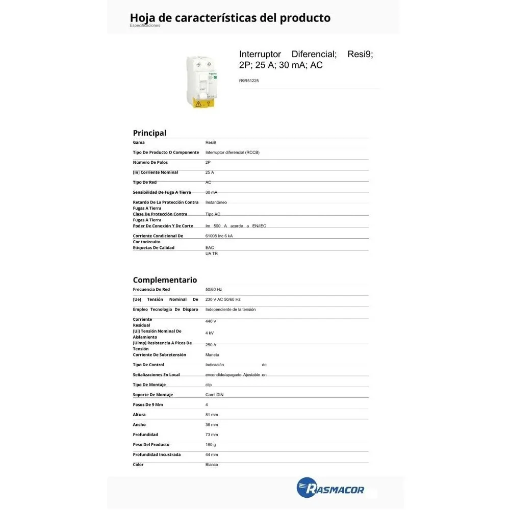 Interruttore Magnetotermico RASMACOR 2P 40A | Curva C | 6000A | Per Impianti Residenziali | EN 60898-1