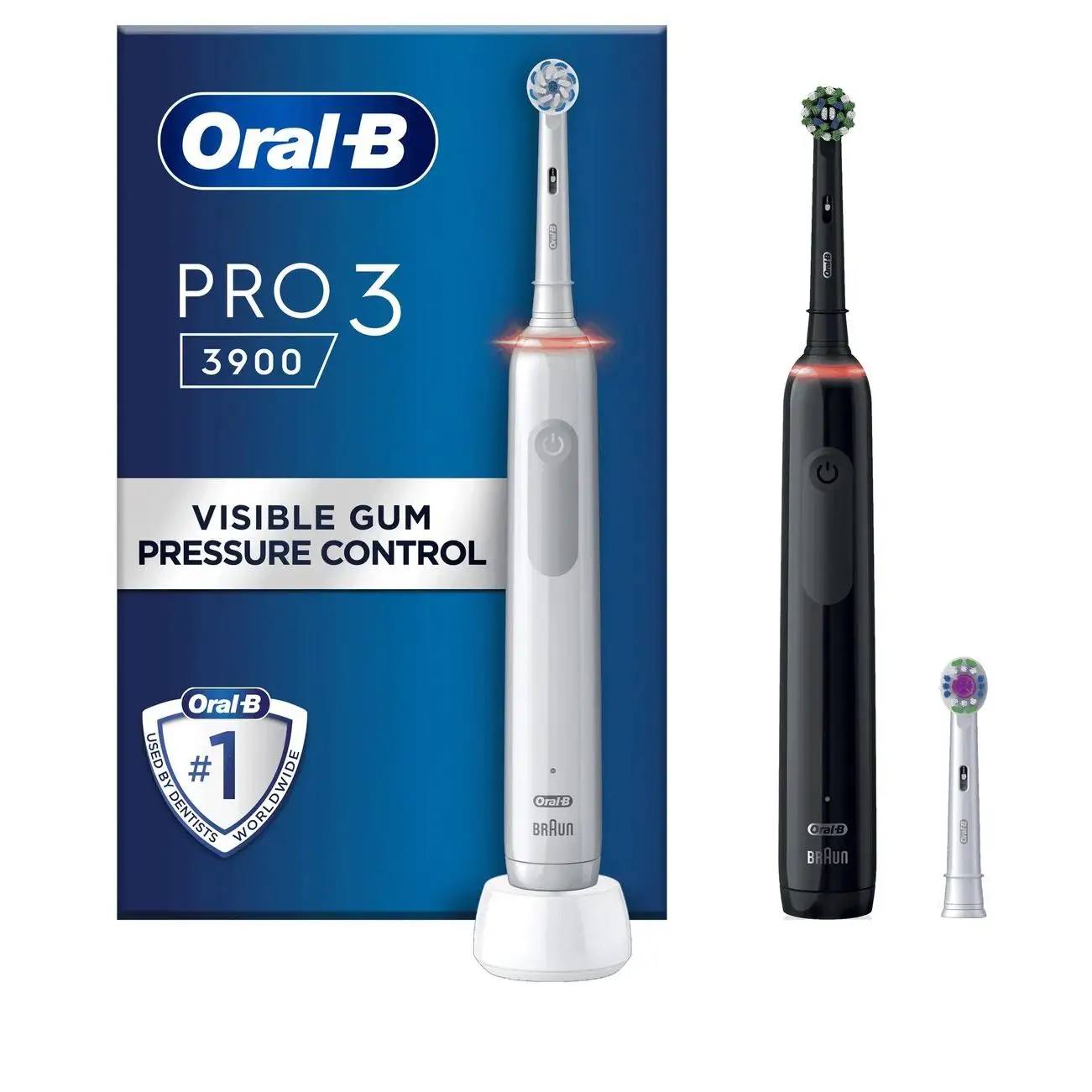 Oral-B Pro 3 3900 Dual. Pack Regalo de 2 Cepillos de Dientes Eléctricos Negro y Blanco, 1 Estación de Carga y 2 Cabezales. 3 Modos de cepillado y Control Visual de Presión 360°, diseñado por Braun.
