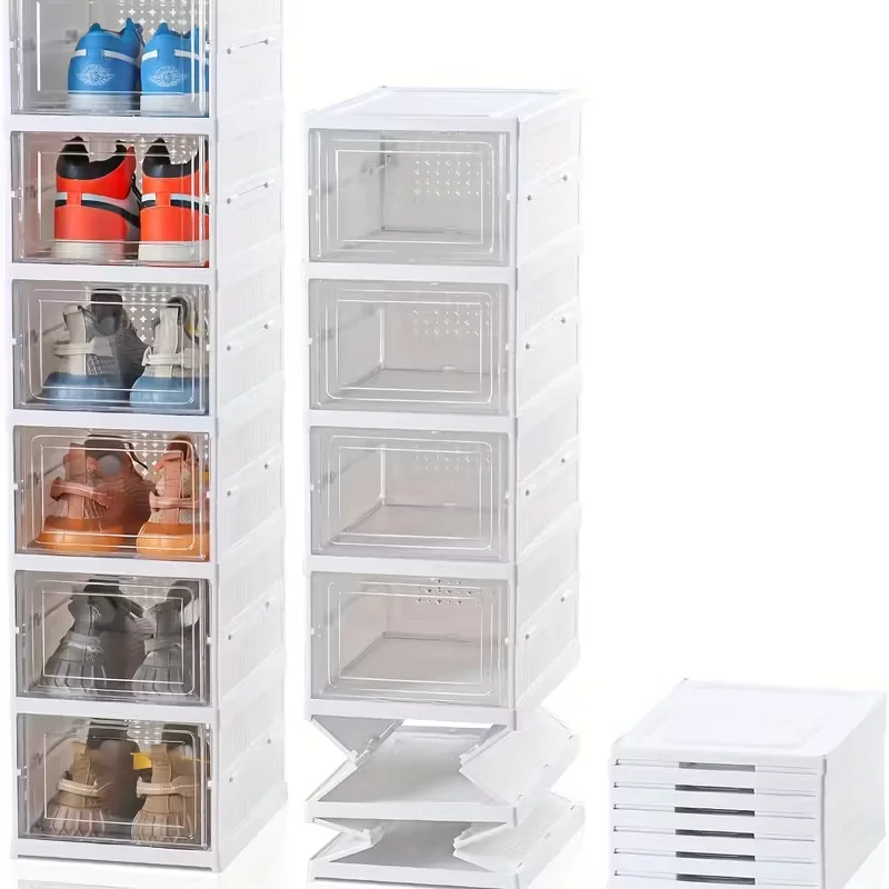 Foldable Transparent Shoe Boxes Organizer by Mikomika, 6 Levels, made of durable ABS material, space-saving design, easy to assemble, ideal for shoe storage in closets, ensuring a neat display of your favorite shoes.
