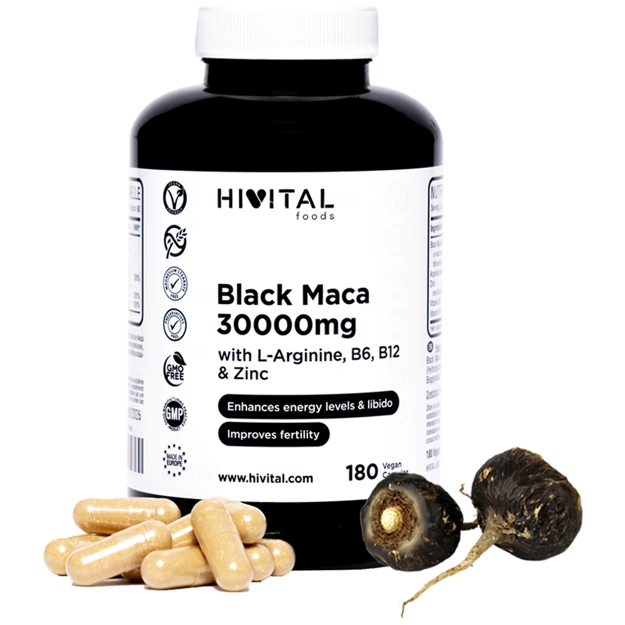 Black Maca 30000 mg .180 vegan capsules. Hivital